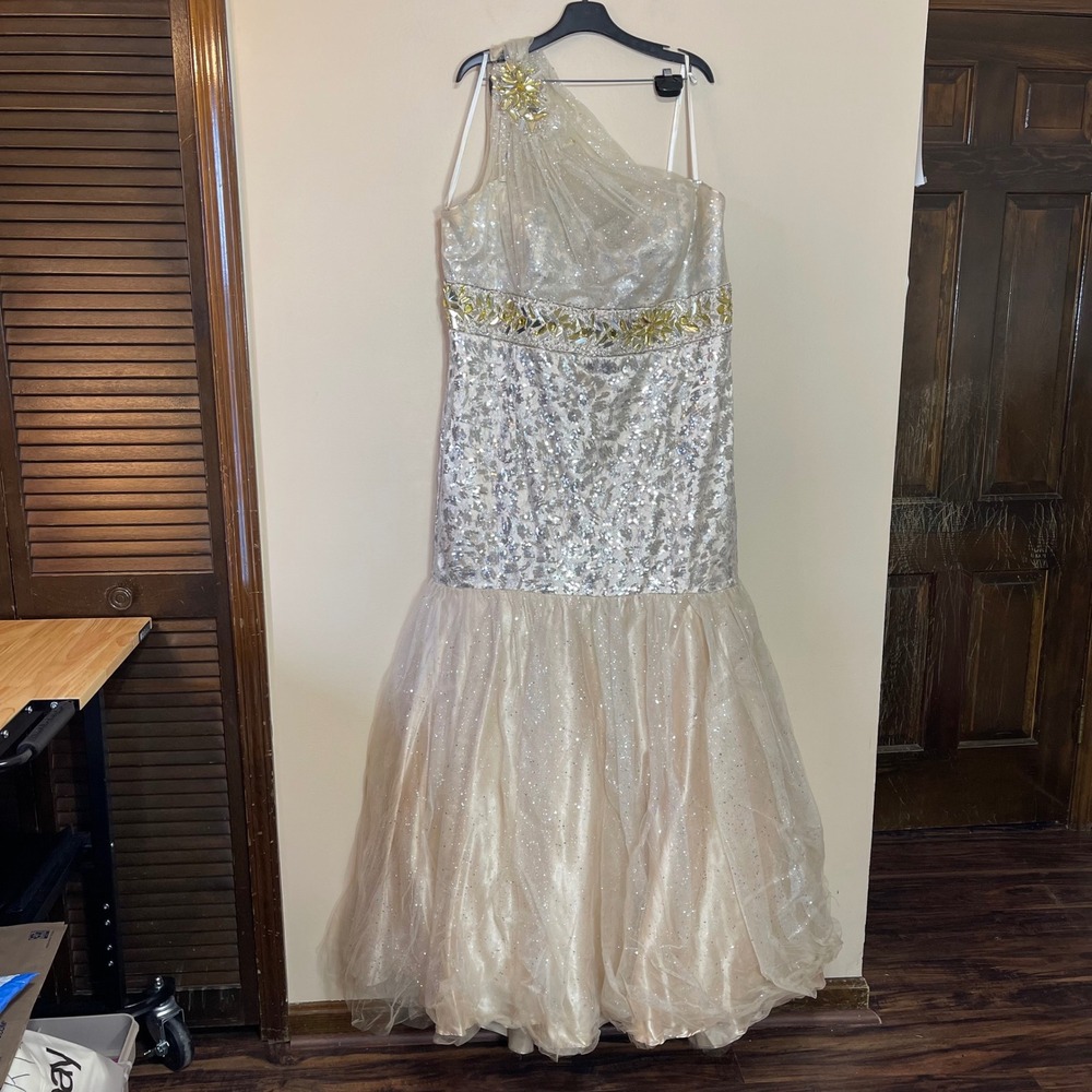 Mac Duggal Champagne and Gold One-Shoulder Sequin Prom Gown